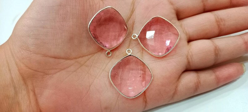Pink Quartz Cushion Shape 21mm Briolette Connectors Hydro Quartz Corner Single Loop Bezel Charms
