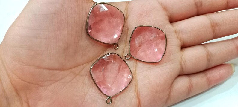 Pink Quartz Cushion Shape 21mm Briolette Connectors Hydro Quartz Corner Single Loop Bezel Charms