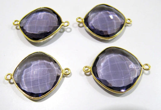 6 Pcs Set Amethyst Cushion Shape 13 to 19mm Briolette Connectors Hydro Quartz Plated Double Loop Bezel