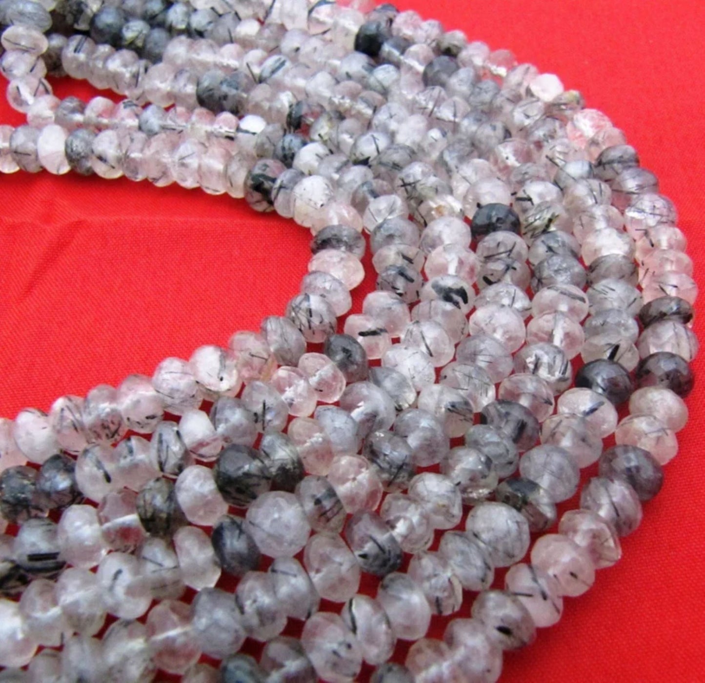 Natural Genuine Black Rutilated Quartz Rondelle Faceted Beads Size 7-8mm