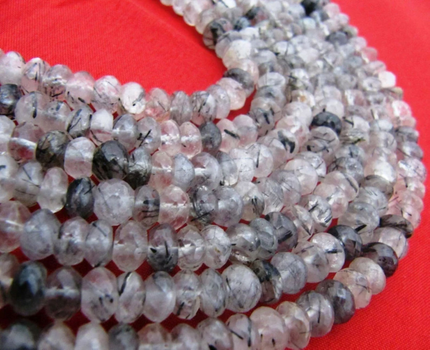 Natural Genuine Black Rutilated Quartz Rondelle Faceted Beads Size 7-8mm