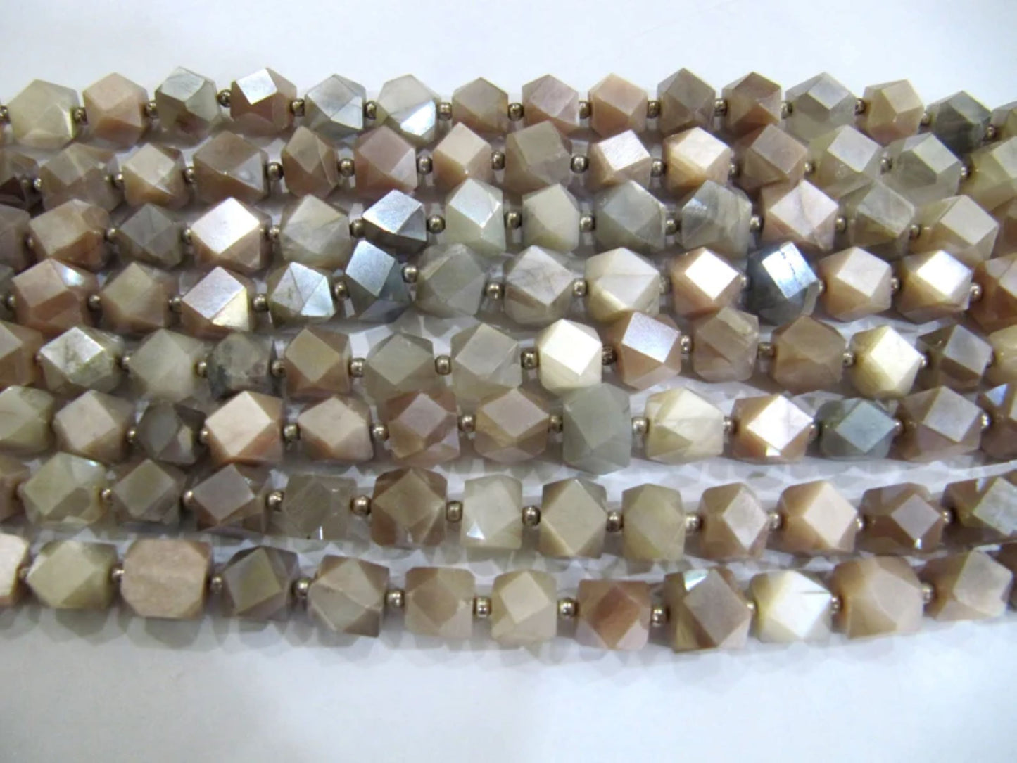 Natural Multi Moonstone Cube Box Shape Briolette Silver coated beads 7 to 8mm Sold Per Strand 8 inches long