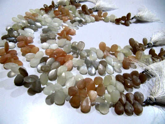 Natural Multi Color Moonstone Pear shape Briolette Faceted 7x10mm to 9x12mm Beads Strand 10 inches long