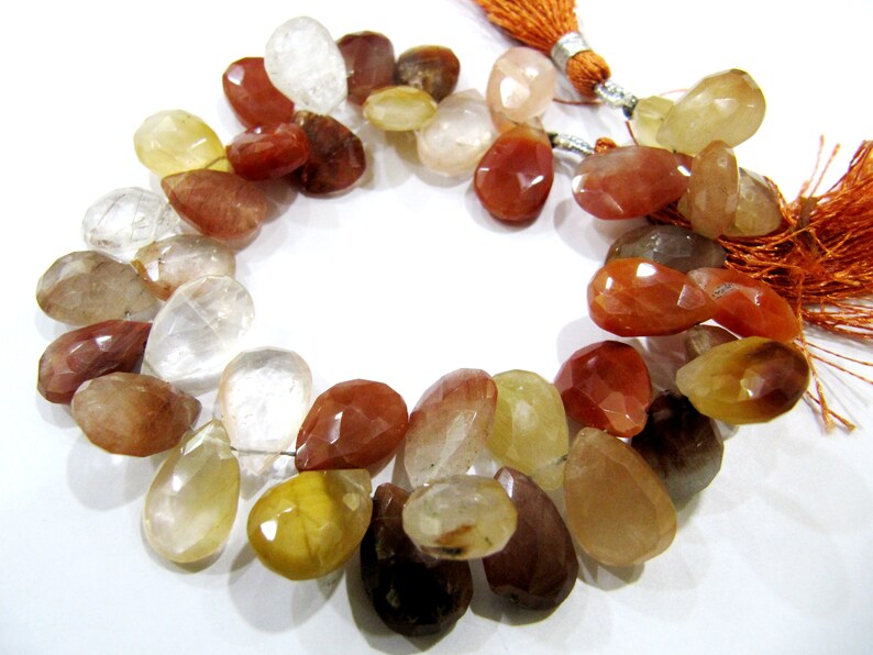 Natural Multi Moonstone Pear Shape Beads 10x15mm to 12x20mm Briolette Faceted Beads Strand 10 Inches Long