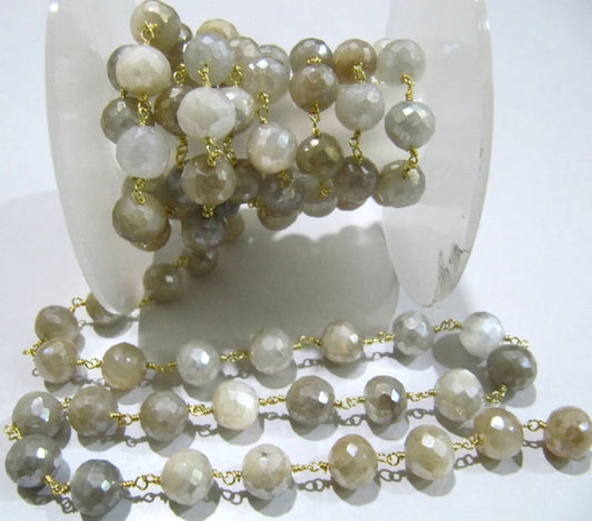 Natural Multi Moonstone Silverite AB Coated Round Briolette Faceted 6 to 9mm Beaded Rosary Chain