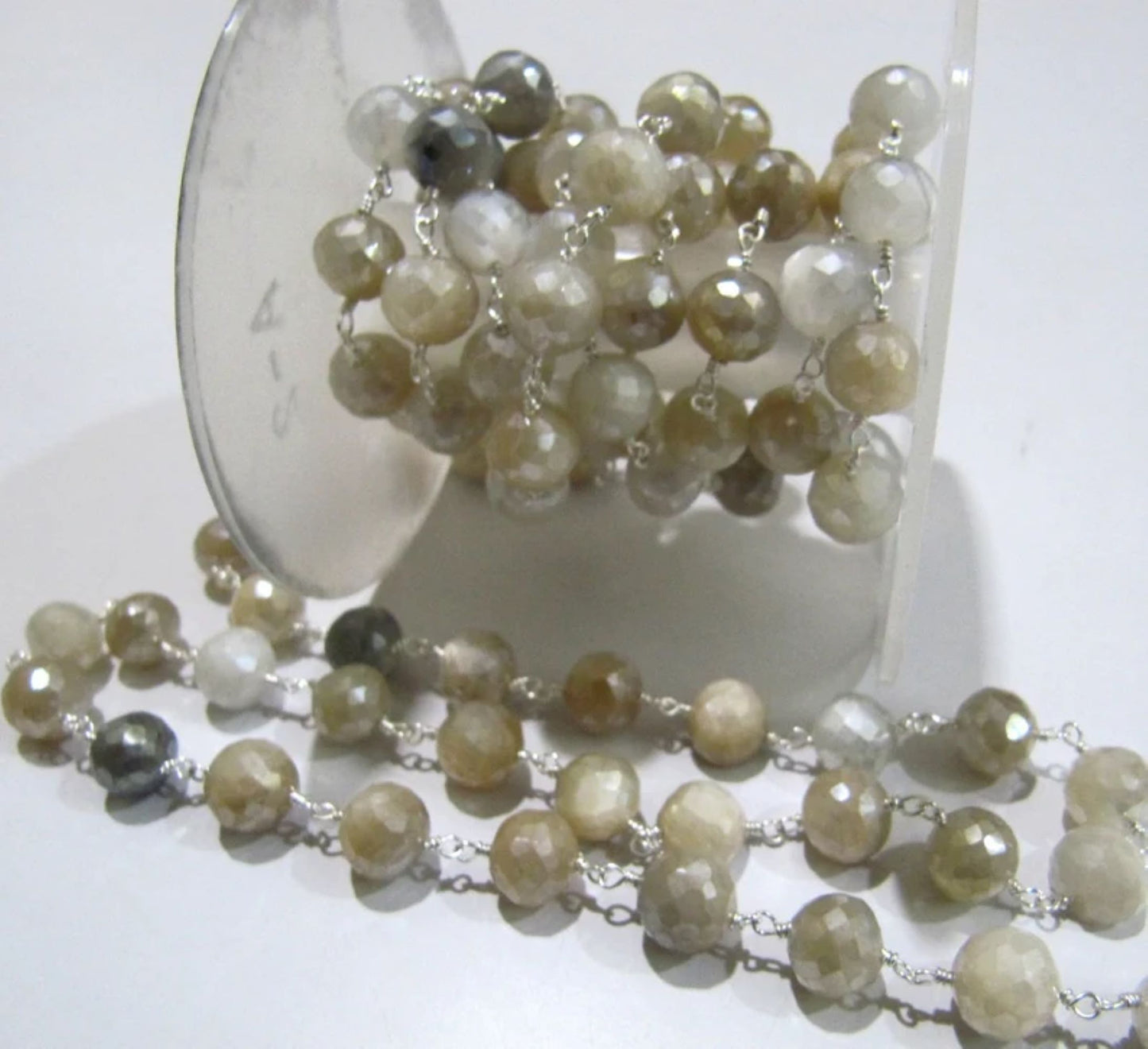 Natural Multi Moonstone Silverite AB Coated Round Briolette Faceted 6 to 9mm Beaded Rosary Chain
