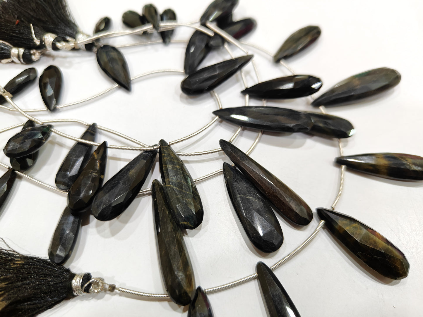 Natural Black Tiger Eye Briolette Faceted Beads 1 inch Long Sold per strand 8 inches long