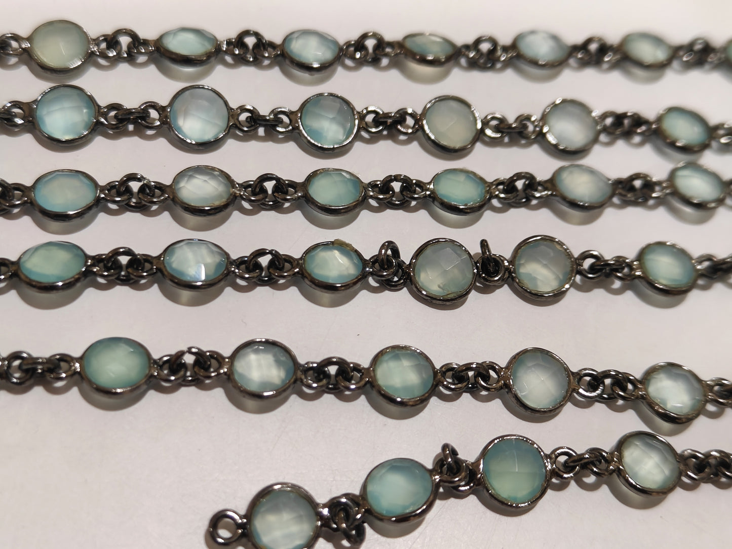 Natural Blue Aqua Chalcedony Briolette Coin Shape 6mm Bezel Connector Chain Sold Per Foot