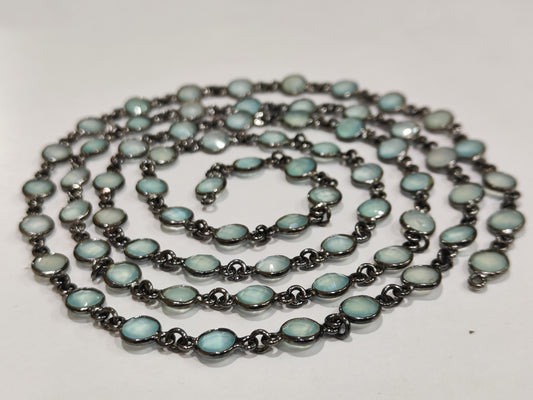Natural Blue Aqua Chalcedony Briolette Coin Shape 6mm Bezel Connector Chain Sold Per Foot