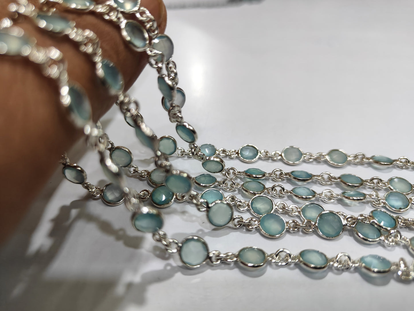 Natural Blue Aqua Chalcedony Briolette Coin Shape 6mm Bezel Connector Chain Sold Per Foot