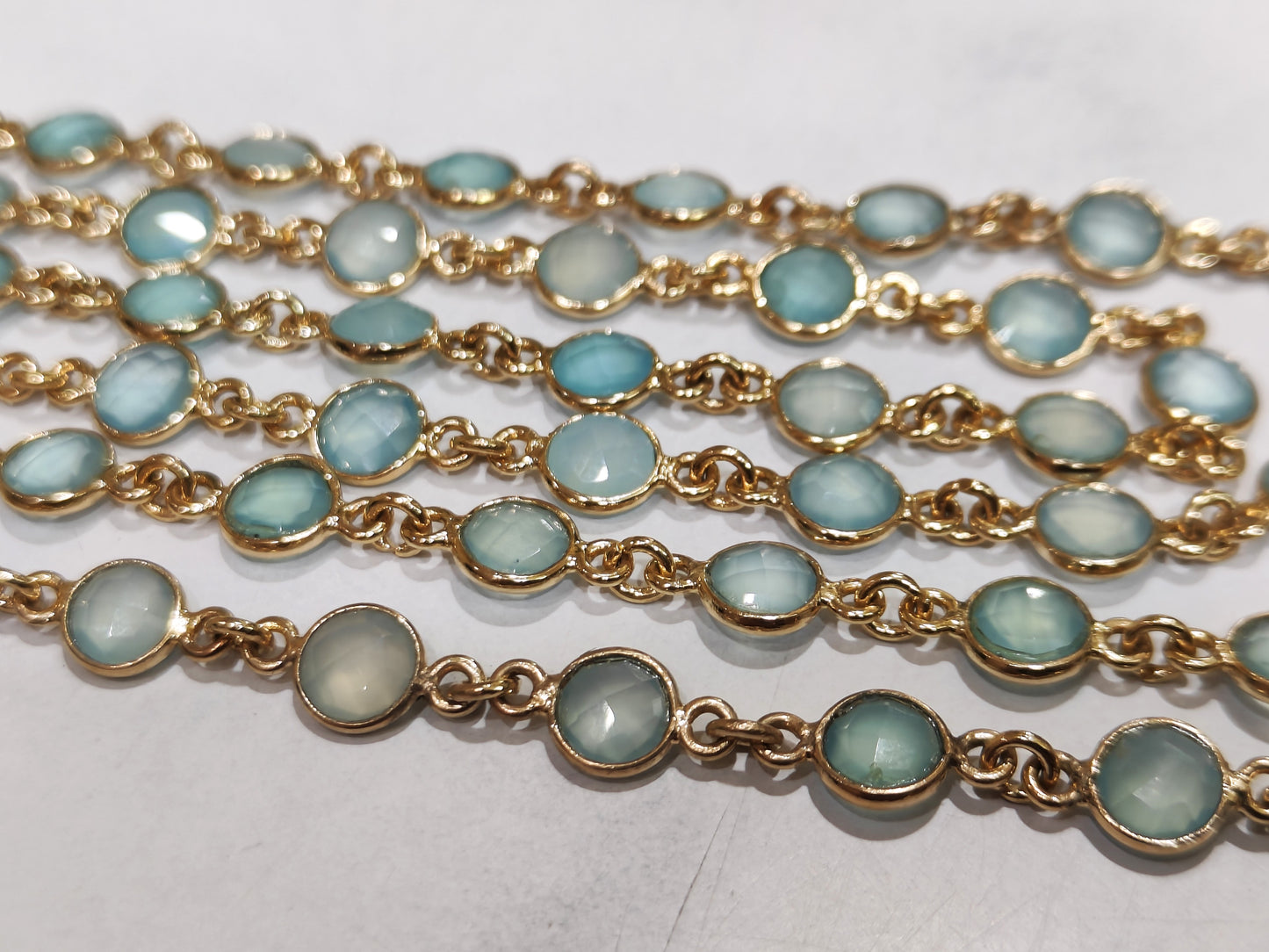 Natural Blue Aqua Chalcedony Briolette Coin Shape 6mm Bezel Connector Chain Sold Per Foot