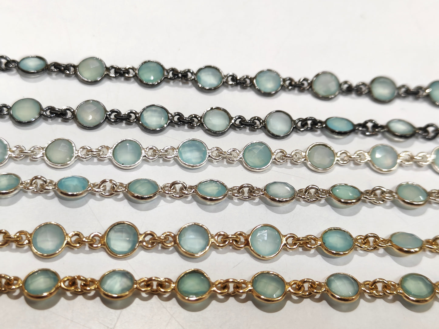 Natural Blue Aqua Chalcedony Briolette Coin Shape 6mm Bezel Connector Chain Sold Per Foot
