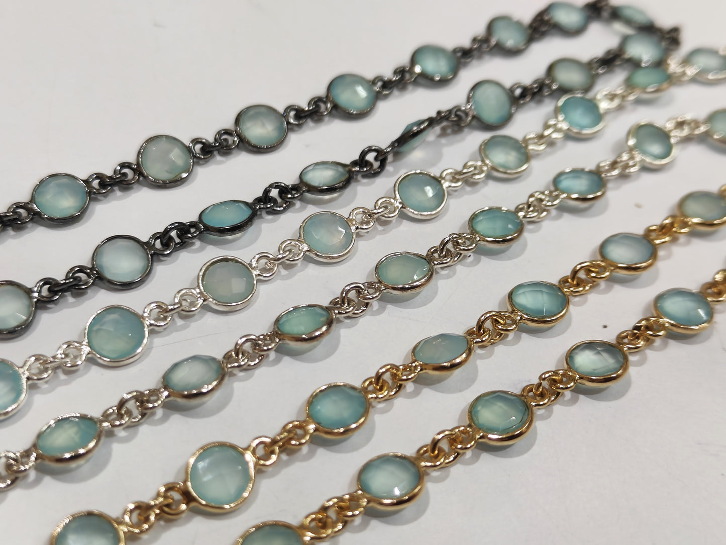 Natural Blue Aqua Chalcedony Briolette Coin Shape 6mm Bezel Connector Chain Sold Per Foot