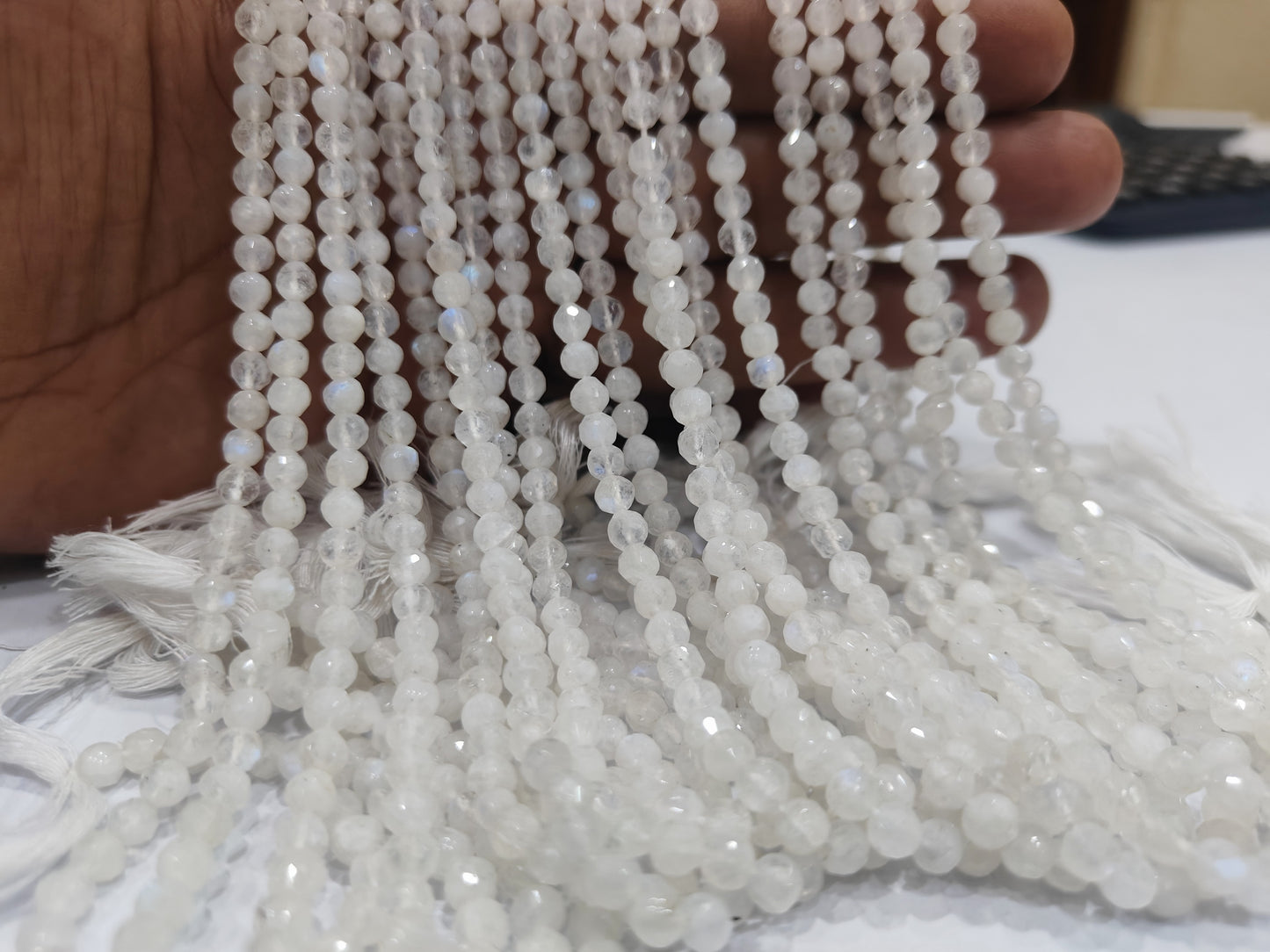 Natural White Rainbow Moonstone Coin Shape Briolette Beads Blue Flashy Moonstone Faceted Round Beads 5-6mm Size Sold per Strand 10inch