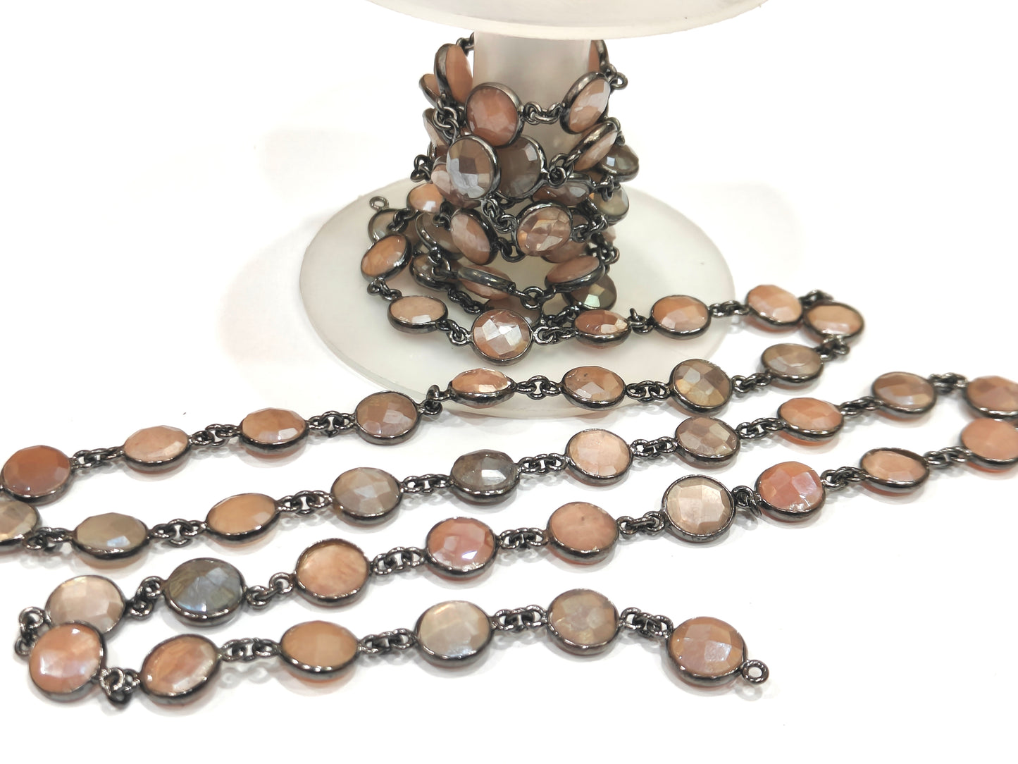 Natural Moonstone Multi Color AB Coated Coin Shape Briolette 9mm Bezel Connector Chain Sold Per Foot
