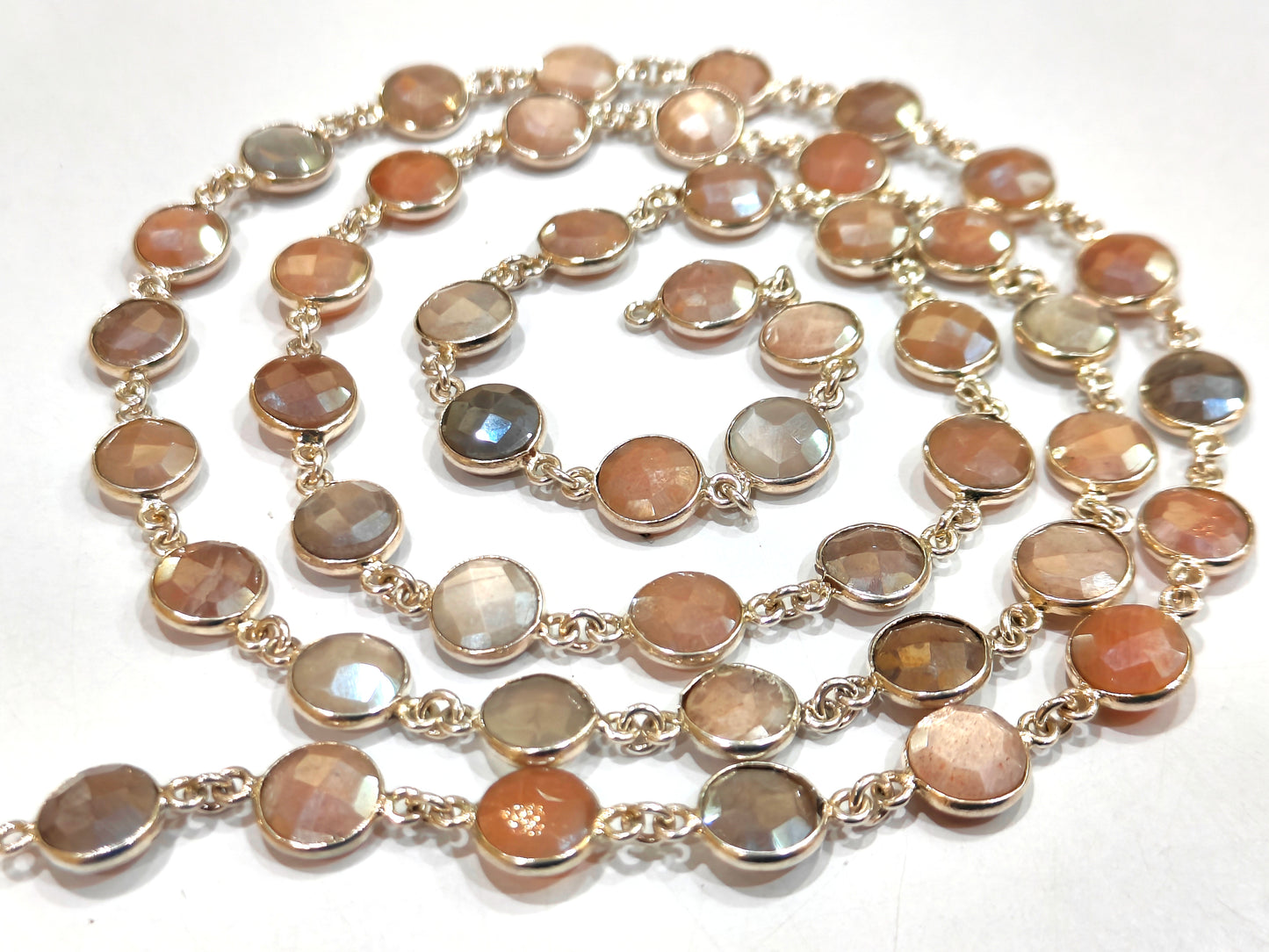 Natural Moonstone Multi Color AB Coated Coin Shape Briolette 9mm Bezel Connector Chain Sold Per Foot