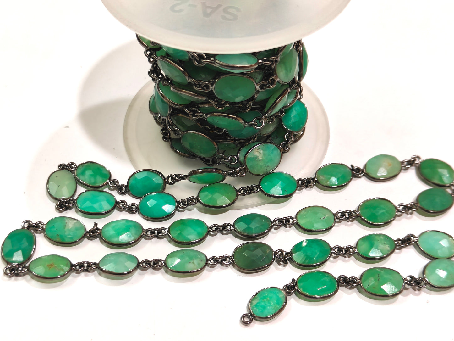 Natural Chrysoprase Oval Briolette Faceted 9x12mm Bezel Connector Chain Sold Per Foot