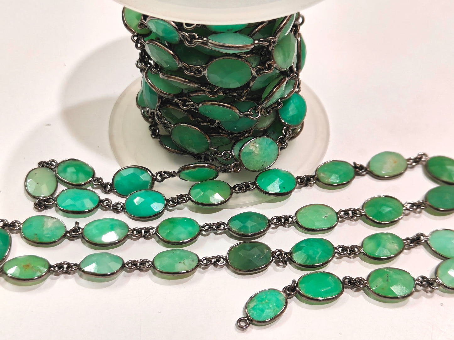 Natural Chrysoprase Oval Briolette Faceted 9x12mm Bezel Connector Chain Sold Per Foot