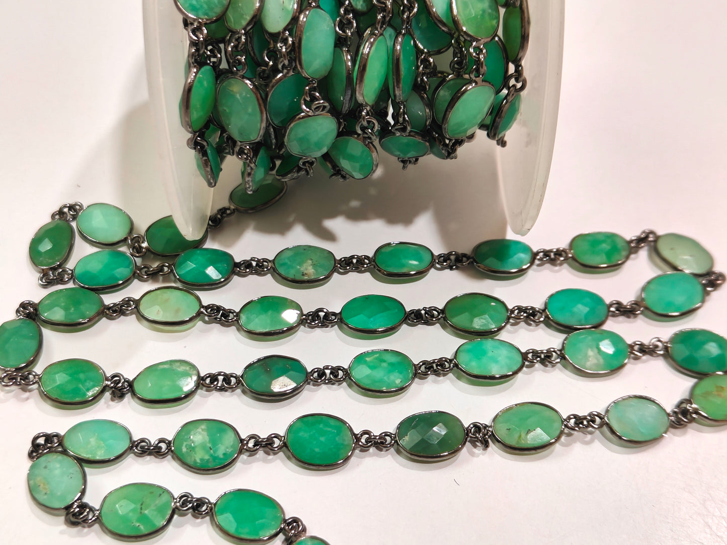 Natural Chrysoprase Oval Briolette Faceted 9x12mm Bezel Connector Chain Sold Per Foot