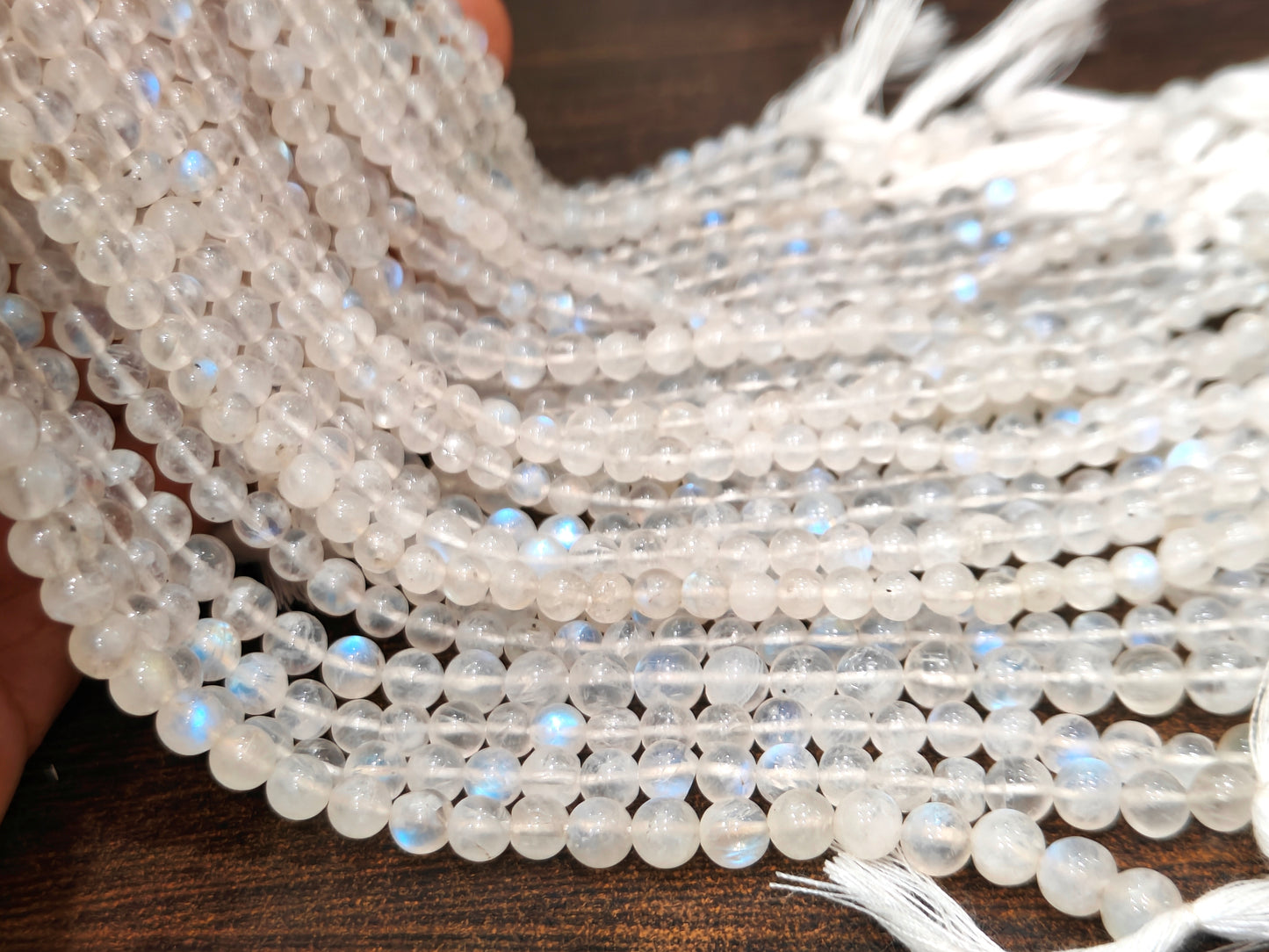 Natural white rainbow moonstone 4 to 6 mm round plain smooth beads sold per strand 8 inches