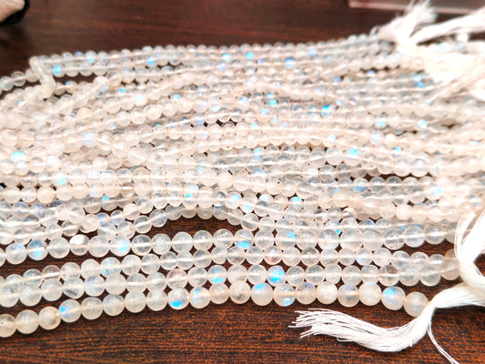 Natural white rainbow moonstone 4 to 6 mm round plain smooth beads sold per strand 8 inches