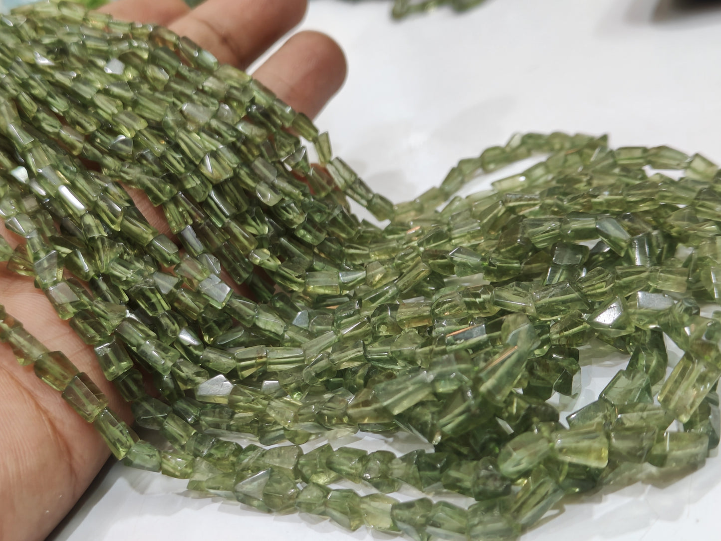 Natural Green Apatite Faceted Nugget Tumbled 5 to 8mm Beads Sold Per Strand 8 Inches Long