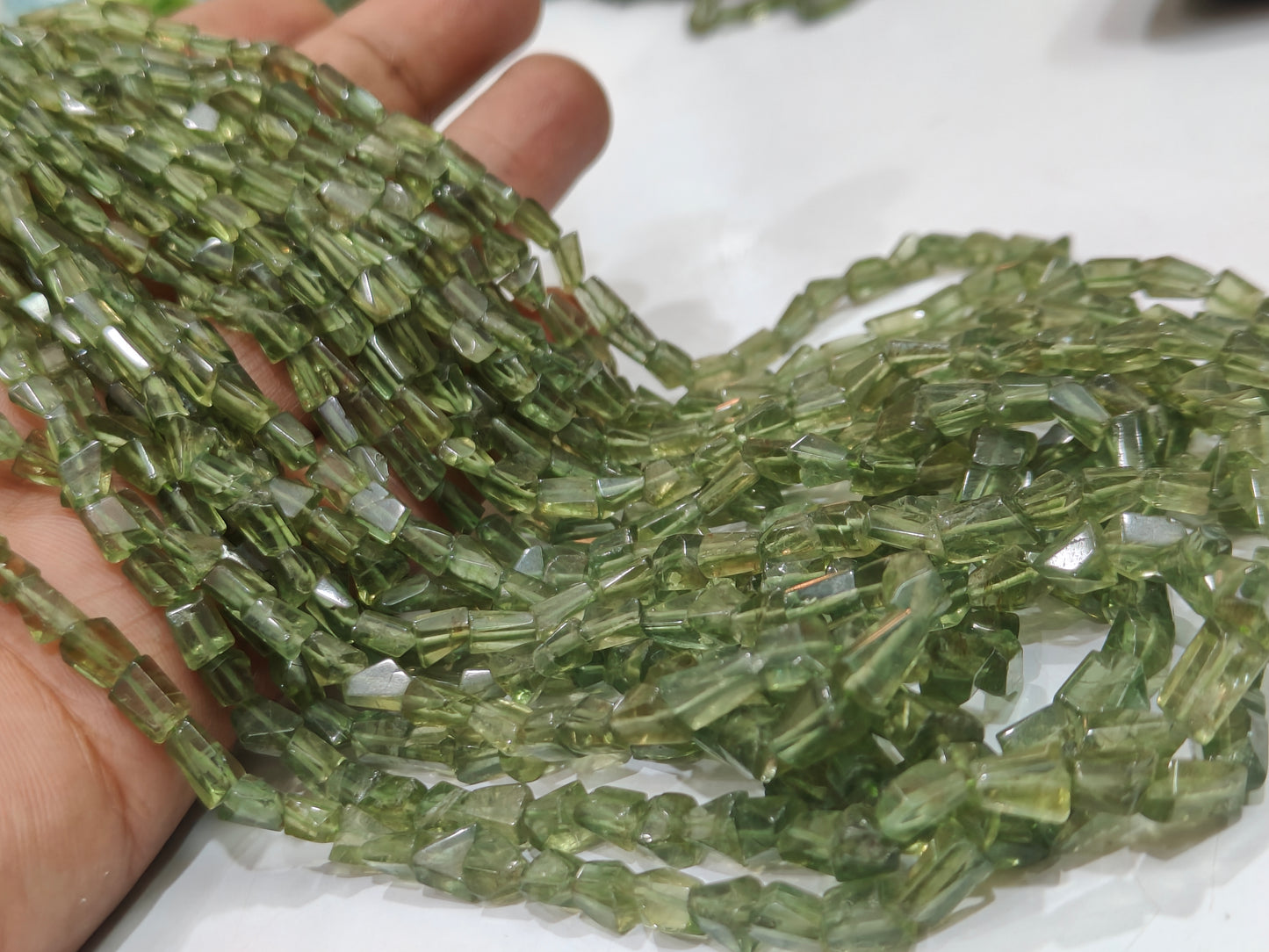 Natural Green Apatite Faceted Nugget Tumbled 5 to 8mm Beads Sold Per Strand 8 Inches Long