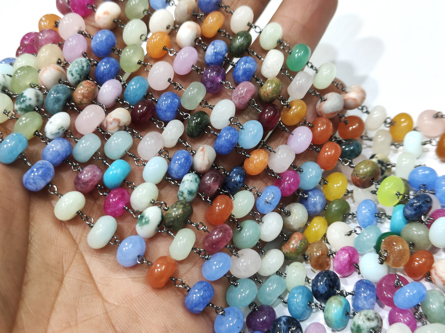 Natural Gemstones Multi color Beads 8mm Rosary chains Sold Per Foot Rainbow beaded Chain