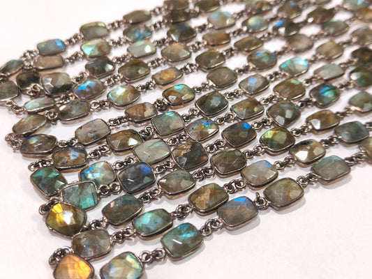 Natural Labradorite Blue Flashy Cushion Shape 8x10mm Bezel Connector Chain Sold Per Foot