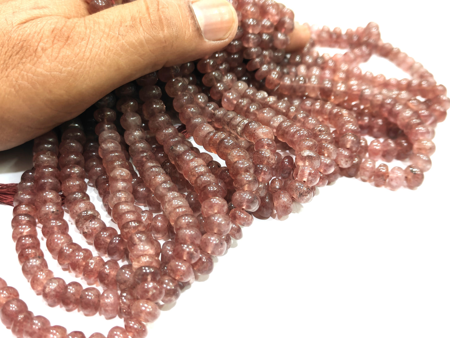 Natural Pink Strawberry Quartz 7-8mm Rondelle Plain Smooth Beads sold per strand 8 inches Long