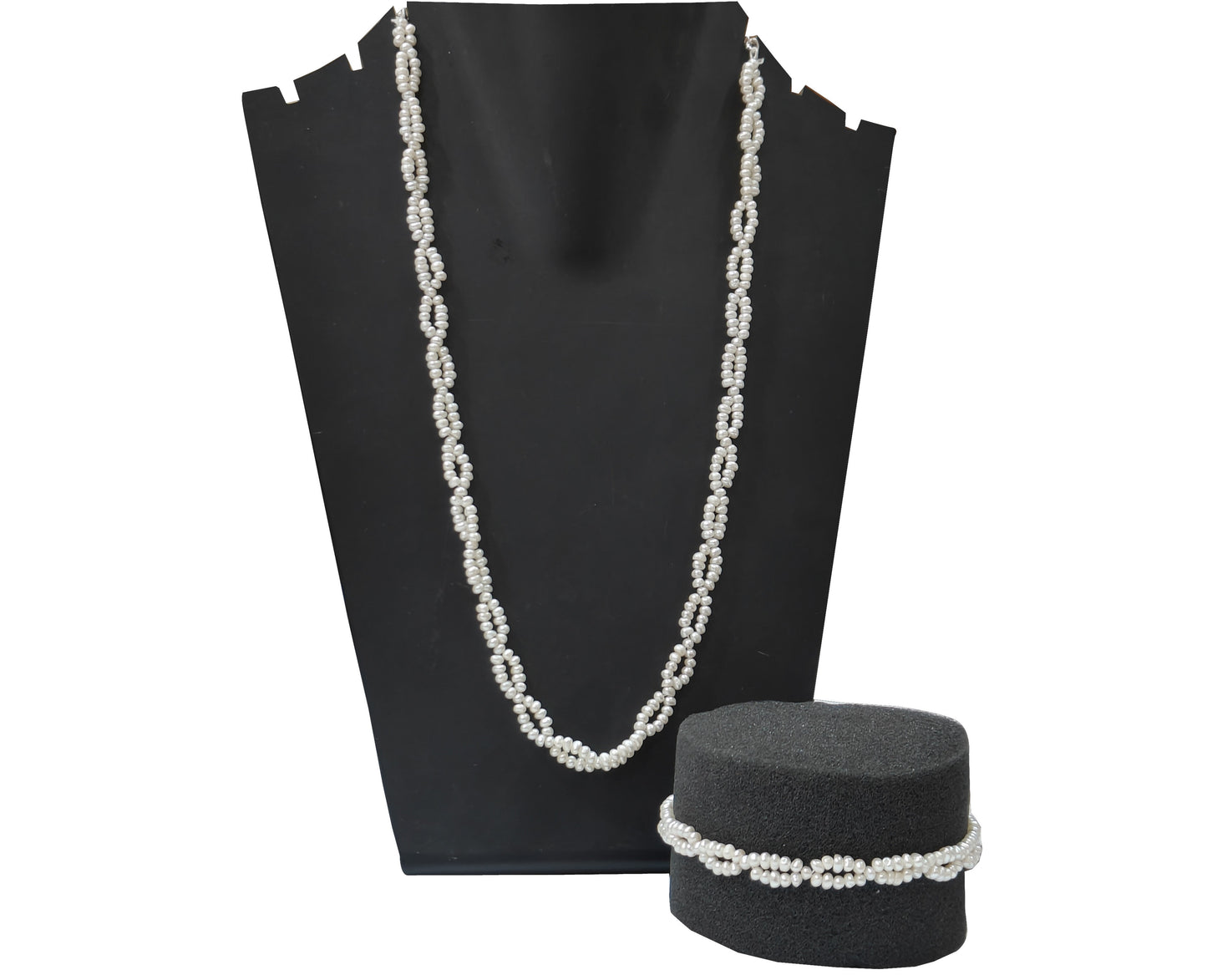 Natural Pearl Knotted 3mm Beads Double Layered Necklace & Bracelet
