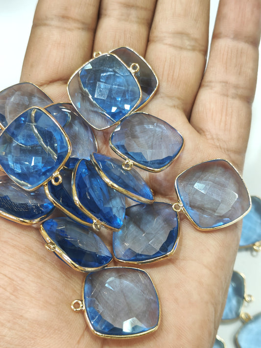 Tanzanite Quartz Cushion Shape 21mm Briolette Connectors Hydro Quartz Single Loop Bezel Charms Choose Plating