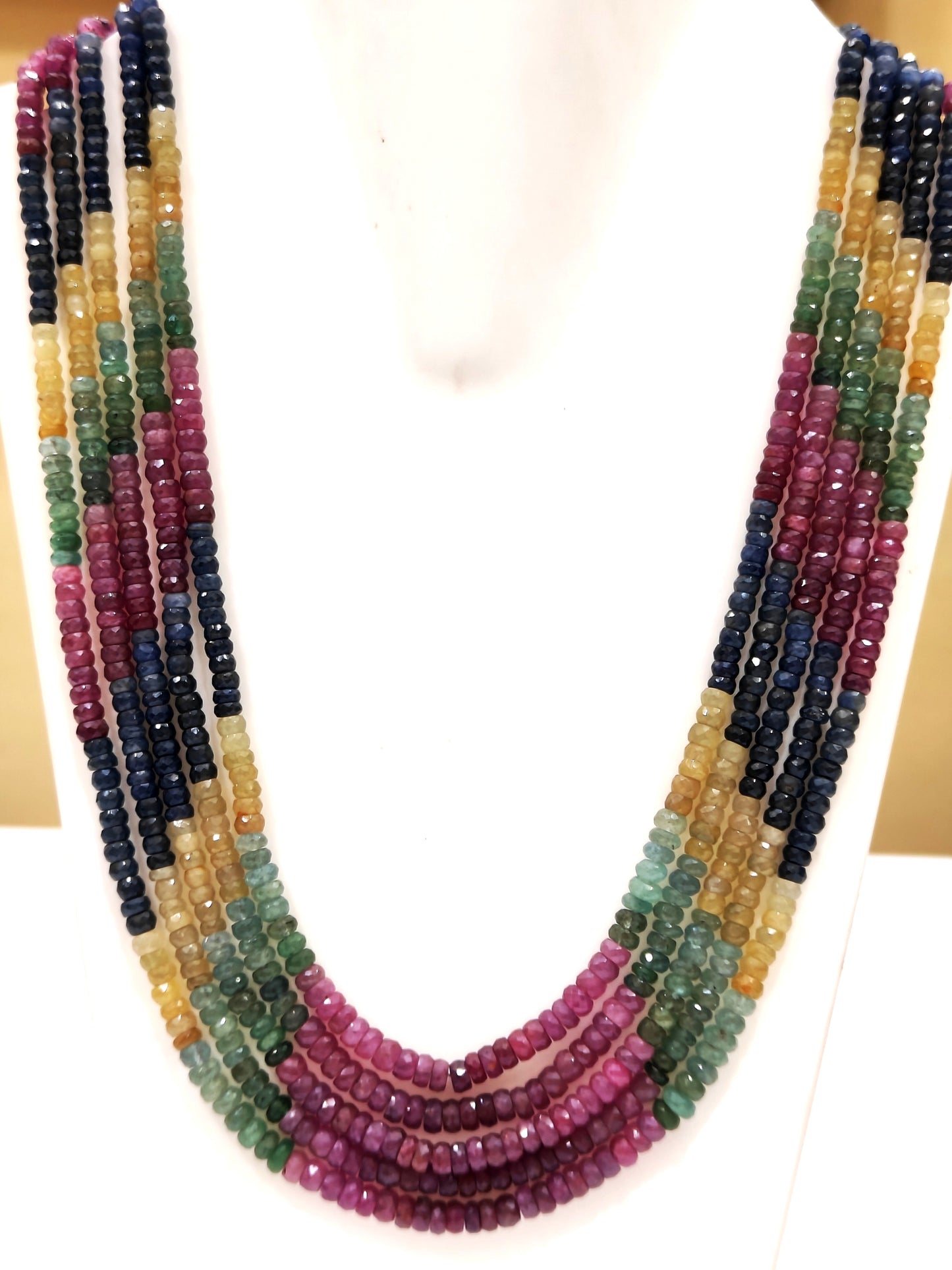 Natural Multi Sapphire Ruby Emerald Rondelle Faceted Size 4mm Beaded 5 layered Necklace