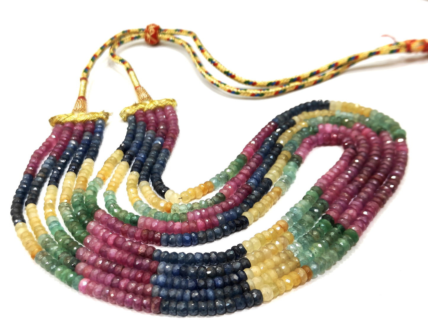Natural Multi Sapphire Ruby Emerald Rondelle Faceted Size 4mm Beaded 5 layered Necklace