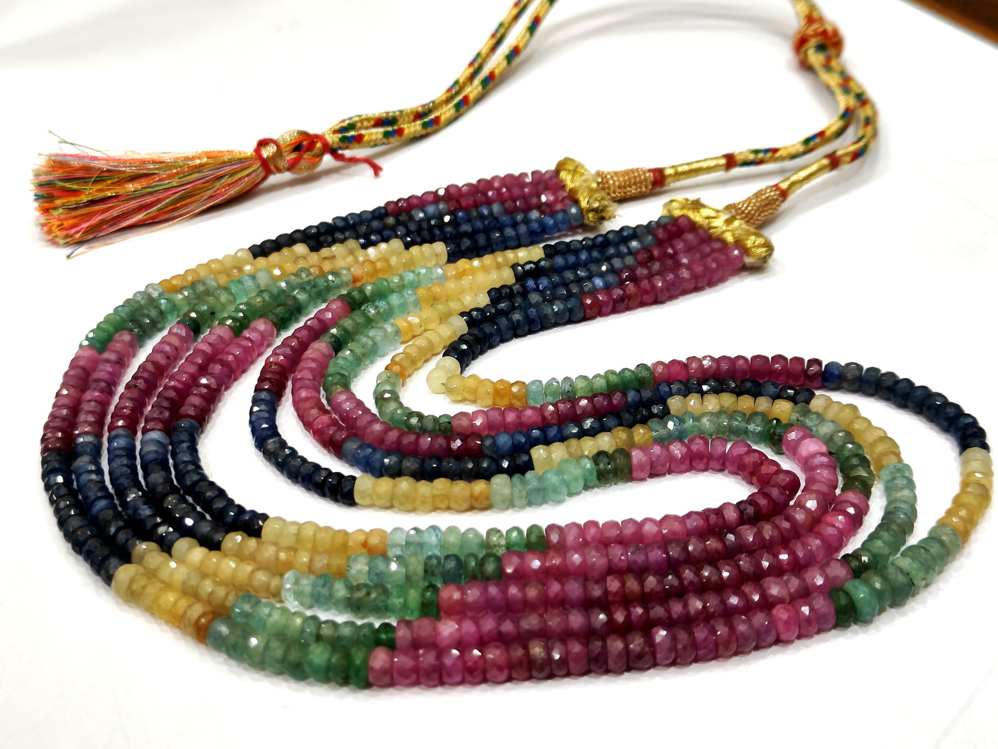 Natural Multi Sapphire Ruby Emerald Rondelle Faceted Size 4mm Beaded 5 layered Necklace