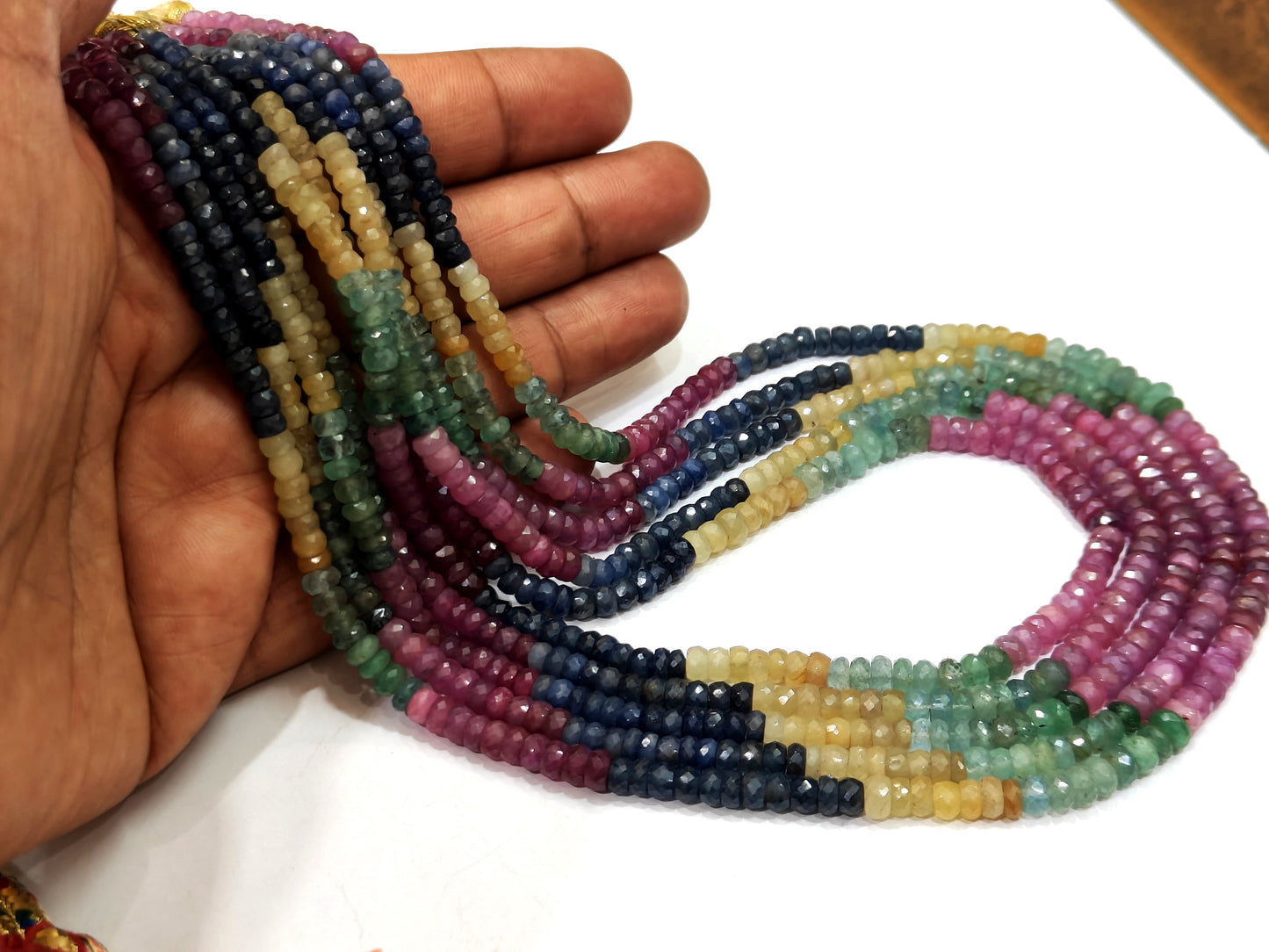 Natural Multi Sapphire Ruby Emerald Rondelle Faceted Size 4mm Beaded 5 layered Necklace