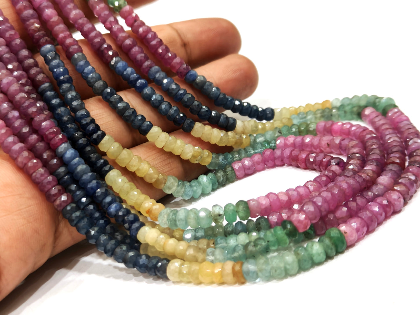Natural Multi Sapphire Ruby Emerald Rondelle Faceted Size 4mm Beaded 5 layered Necklace