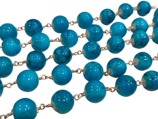 Turquoise Plain Smooth Round Shape 10 mm Rosary Chain Sold Per Foot