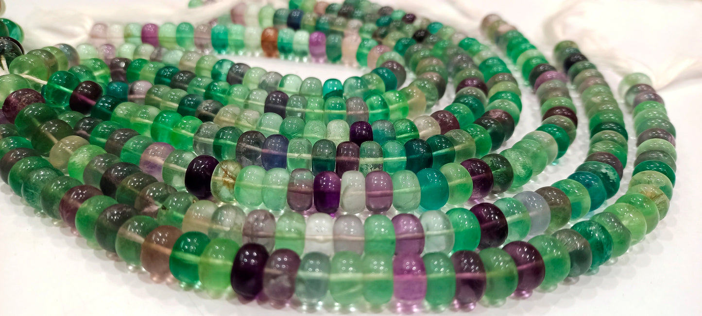 Natural Multi Flourite Multi Color Beads Fluorite Rondelle Shape Faceted Beads Green Beads, Purple Beads Size Around 8mm Strand 15 Inch