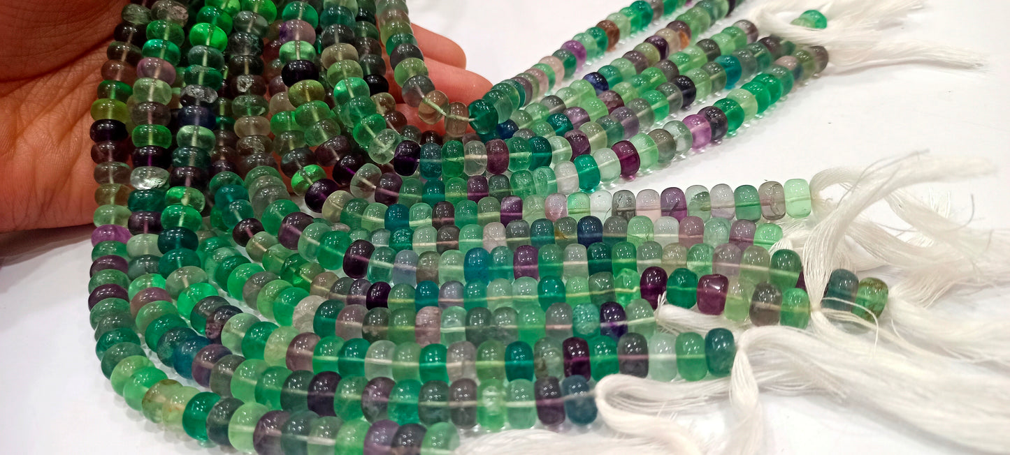 Natural Multi Flourite Multi Color Beads Fluorite Rondelle Shape Faceted Beads Green Beads, Purple Beads Size Around 8mm Strand 15 Inch