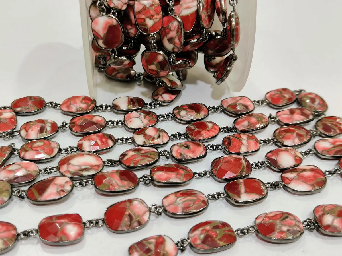 Natural Red Dhalia Copper Turquoise Briolette Free Shape 10to15mm Bezel Connector Chain Sold per Foot