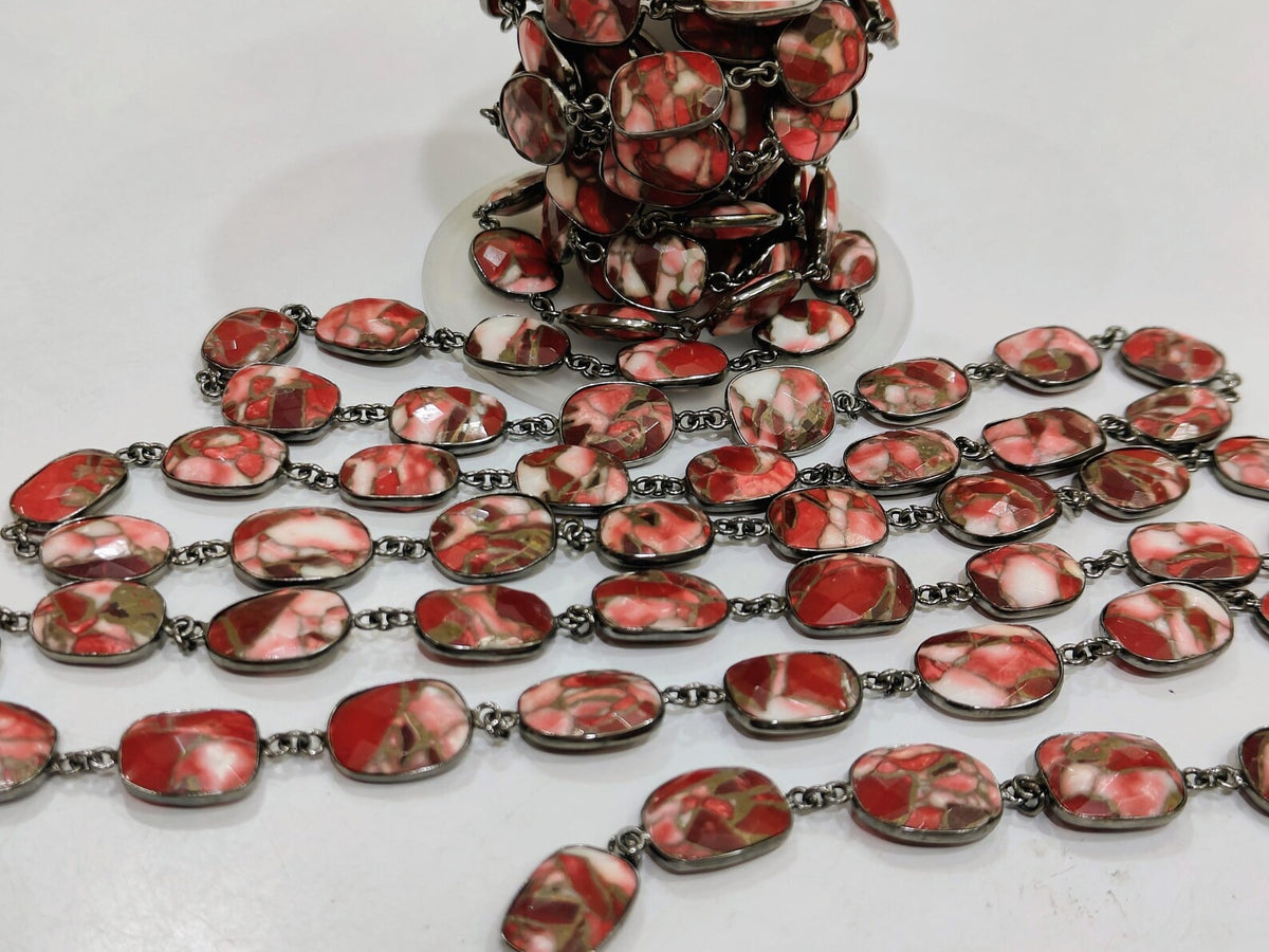 Natural Red Dhalia Copper Turquoise Briolette Free Shape 10to15mm Bezel Connector Chain Sold per Foot