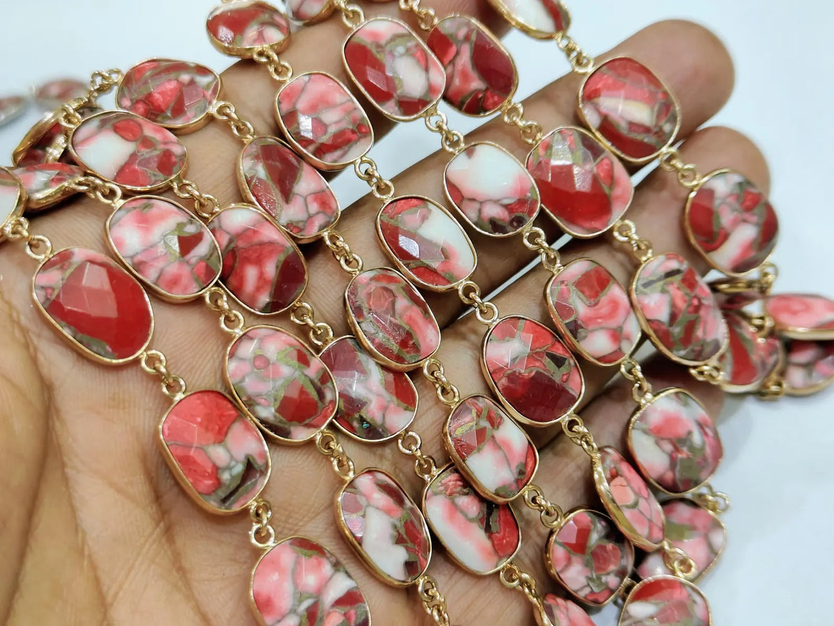Natural Red Dhalia Copper Turquoise Briolette Free Shape 10to15mm Bezel Connector Chain Sold per Foot