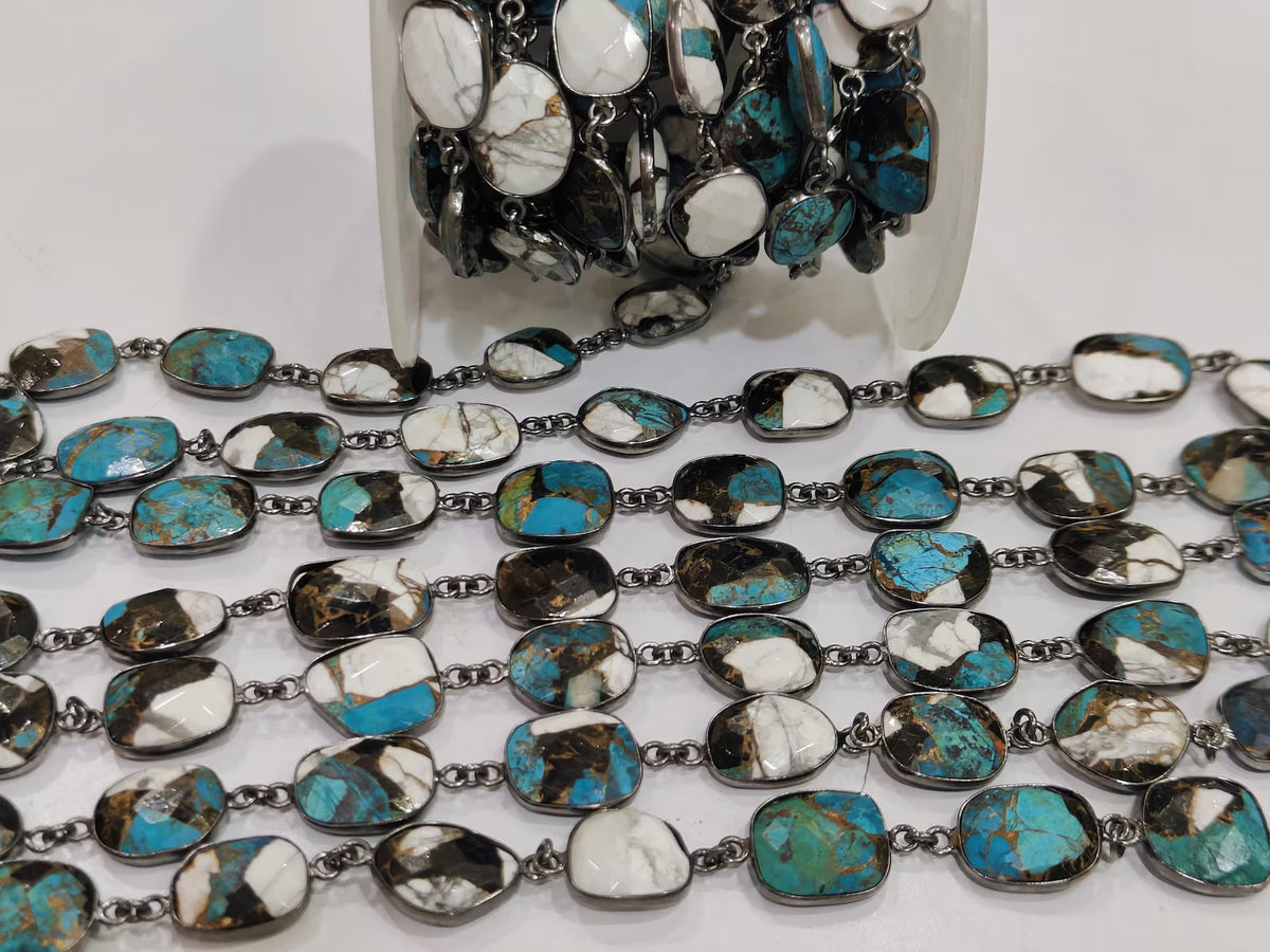 Natural Blue White Buffalo Copper Turquoise Briolette Free Shape 10to15mm Bezel Connector Chain Sold per Foot