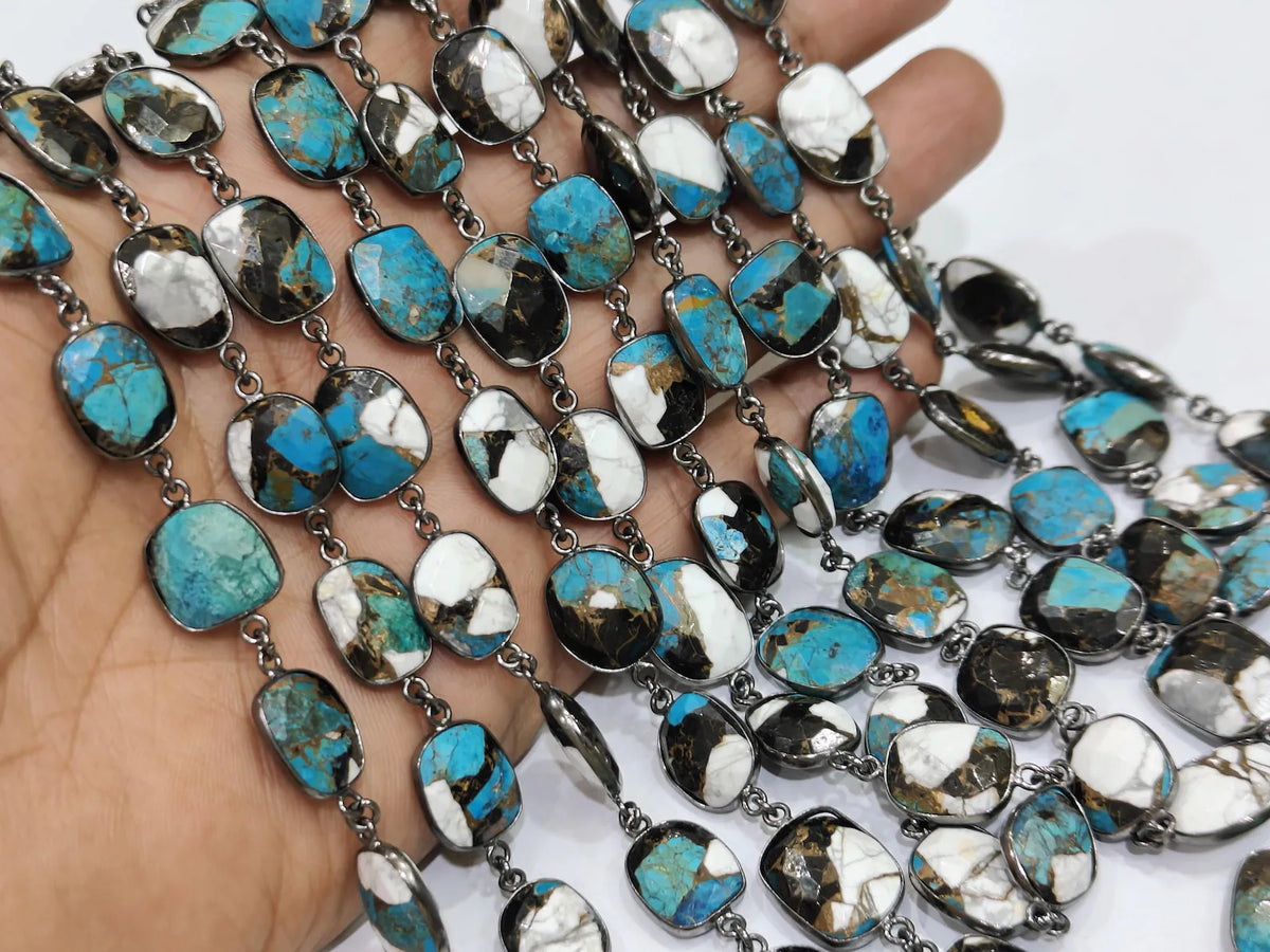 Natural Blue White Buffalo Copper Turquoise Briolette Free Shape 10to15mm Bezel Connector Chain Sold per Foot