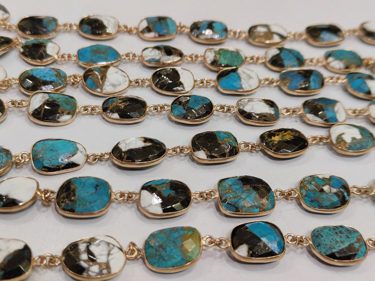 Natural Blue White Buffalo Copper Turquoise Briolette Free Shape 10to15mm Bezel Connector Chain Sold per Foot