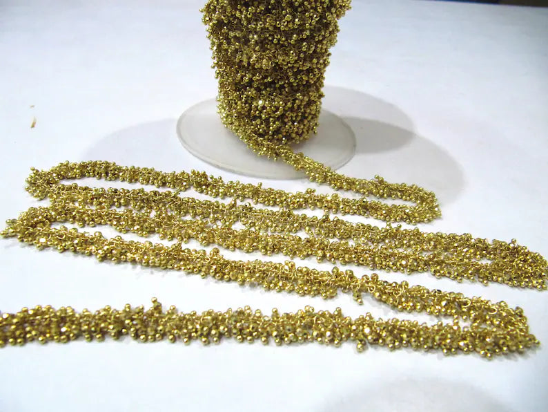Natural Golden Pyrite Dangling Chain Cluster Rondelle Faceted beaded chain 2mm beads Sold Per Foot