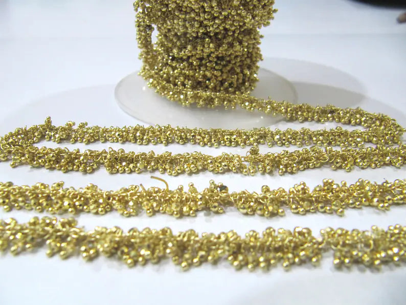 Natural Golden Pyrite Dangling Chain Cluster Rondelle Faceted beaded chain 2mm beads Sold Per Foot