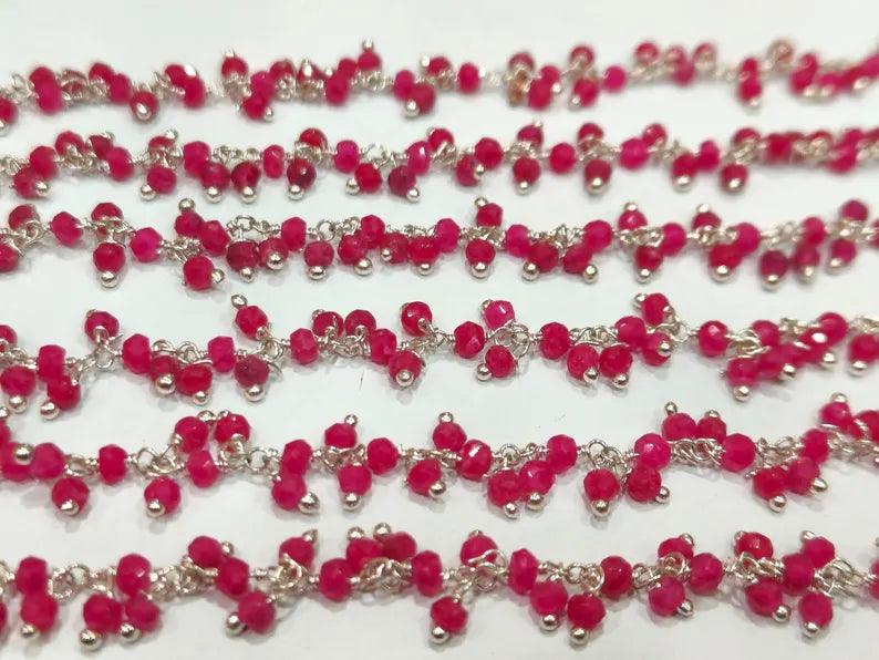 Ruby 3mm Rondelle Faceted Dangling Beaded Wire Wrapped Cluster Chains sold per foot