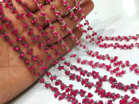 Ruby 3mm Rondelle Faceted Dangling Beaded Wire Wrapped Cluster Chains sold per foot